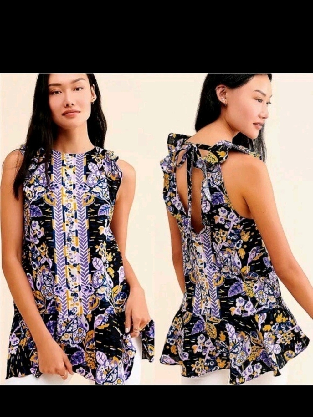 Free People Summer In Tulum Linen Tunic Black Combo Floral Ruffled Bohemian XS